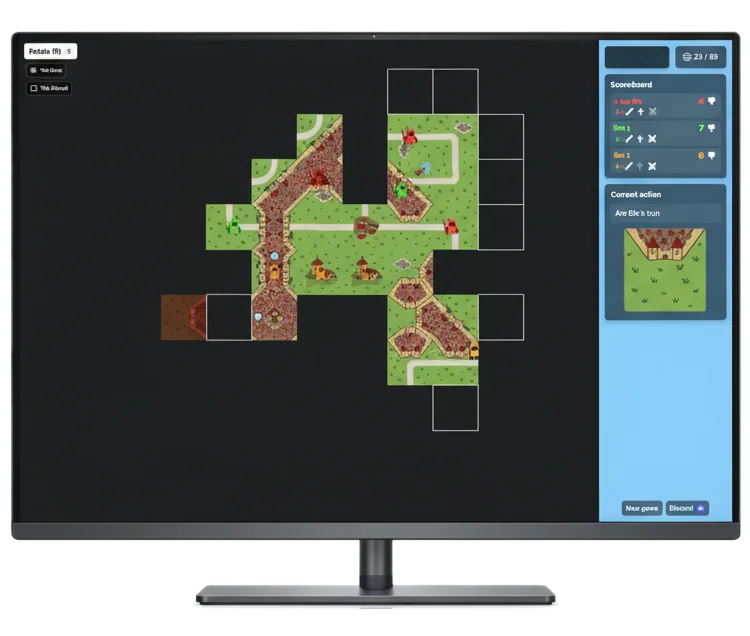 TileLord Carcassonne-style board game running on desktop computer browser showing game board with tiles, roads, cities and player scoring