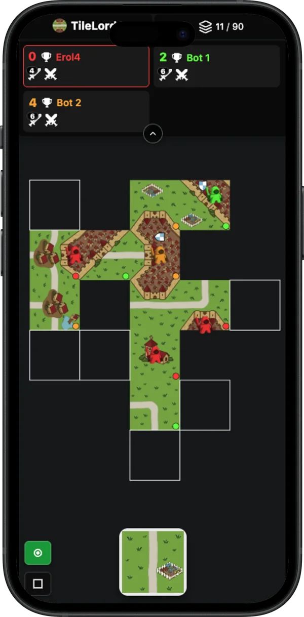 TileLord mobile version on smartphone showing touch-optimized Carcassonne-style tile placement game interface